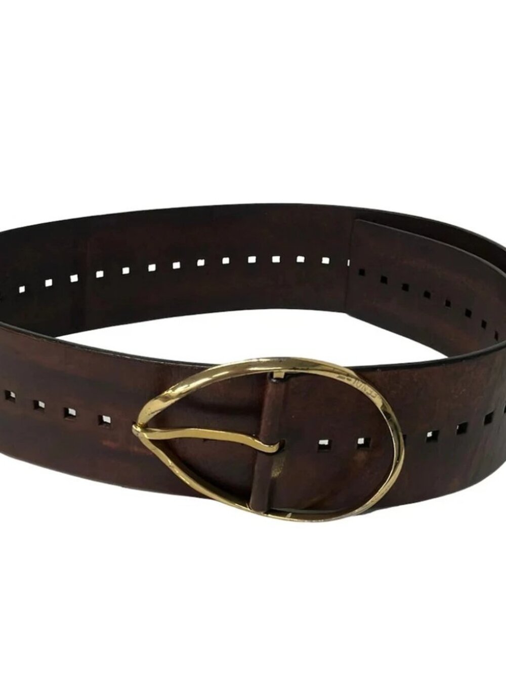 FENDI Dark Brown Gold Leather Silver Belt